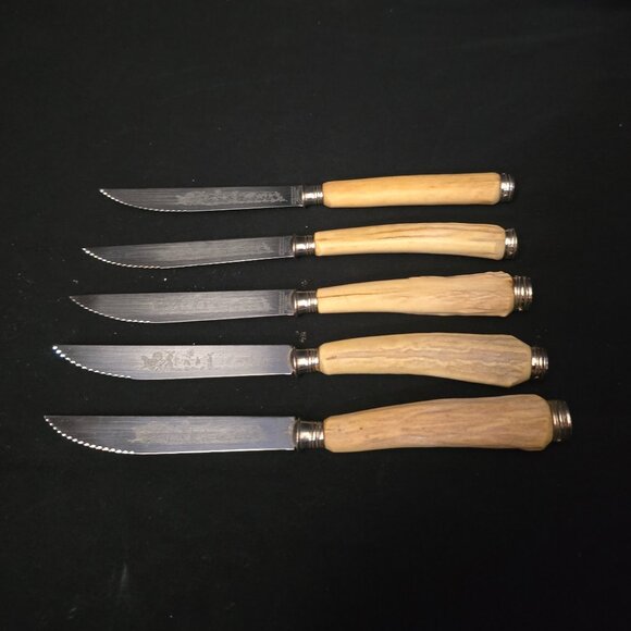 Anton Wingen Jr Solingen Germany Rostfrei Stag Handle Steak Knife Set of 5 - Picture 1 of 4